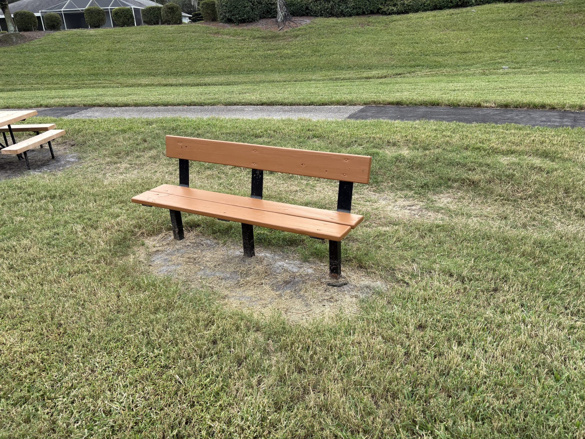 The bench on the open lawn, with a picnic table and a path behind it.