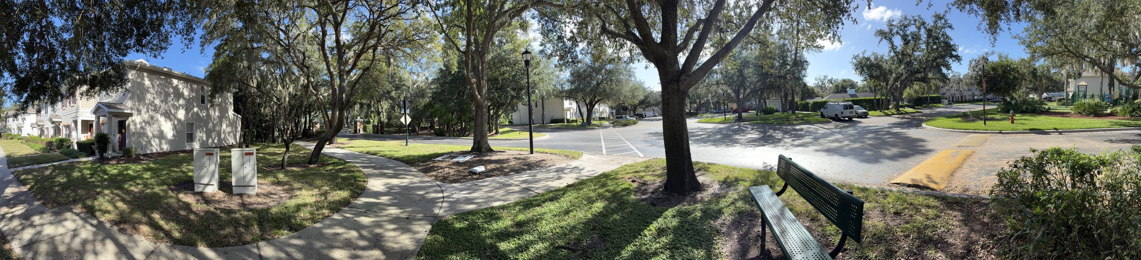 Panorama from the bench: houses on the left, sidewalks meeting at the corner, an oak, and the street on the right.