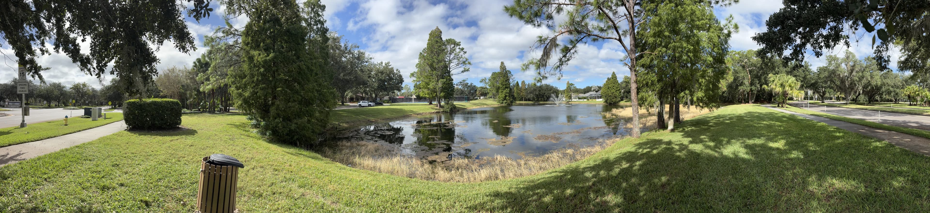 Panorama from the bench: a hedge and path on the left, the pond with a fountain in the middle, trees all around.