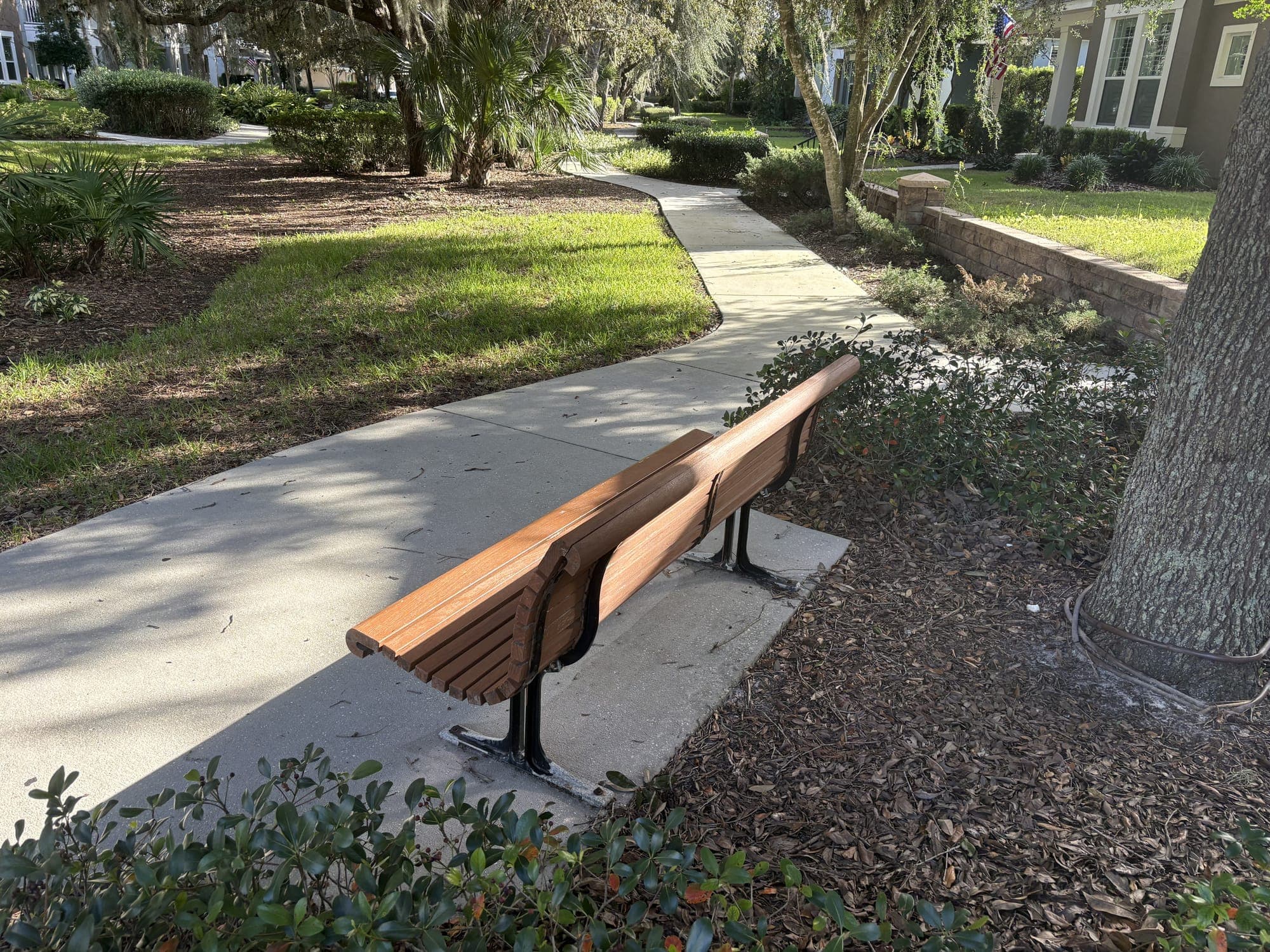 The bench beside a curving path, with lawns and shrubs behind it.