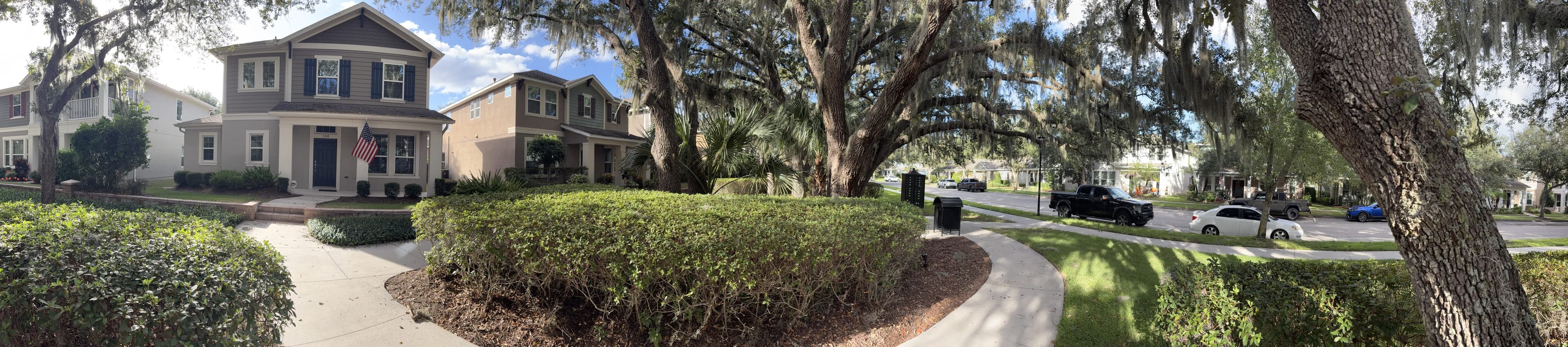 Panorama from the bench: a house on the left, a round hedge in the middle, and a street with parked cars on the right.