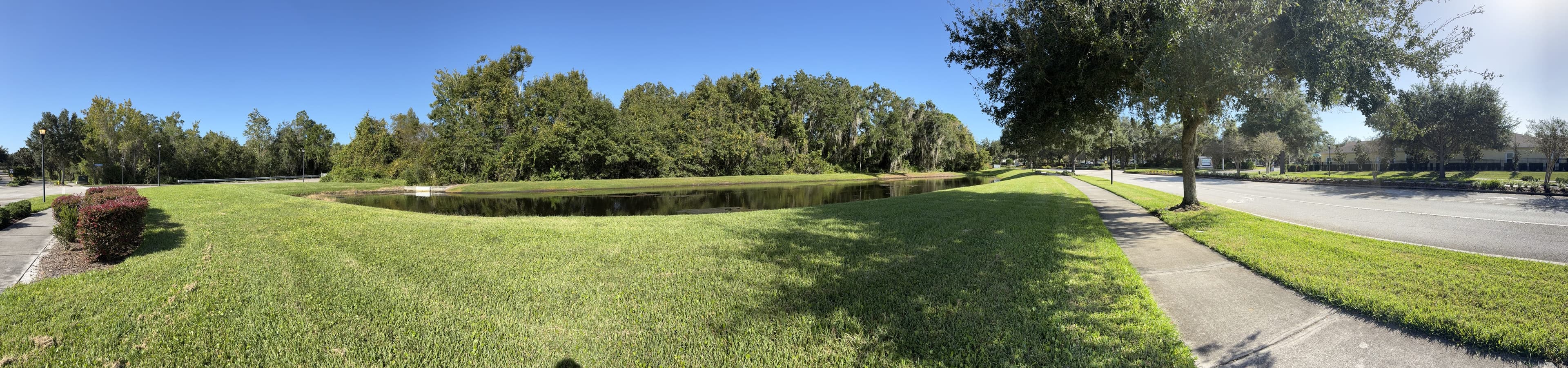Panorama from the bench: open lawn and a pond on the left, a sidewalk and the road on the right.