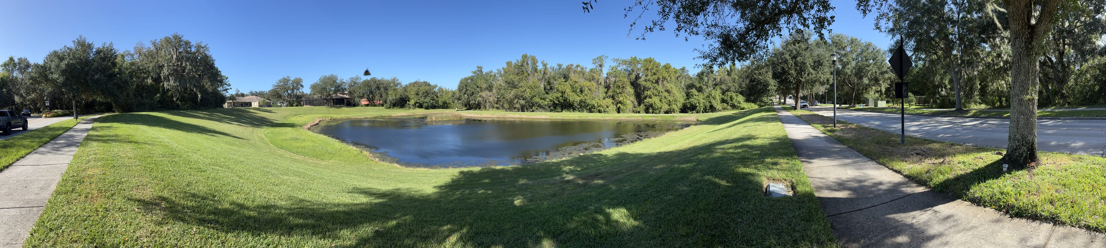 Panorama from the bench: a sidewalk on the left, the pond in the middle, and the road with a sign on the right.