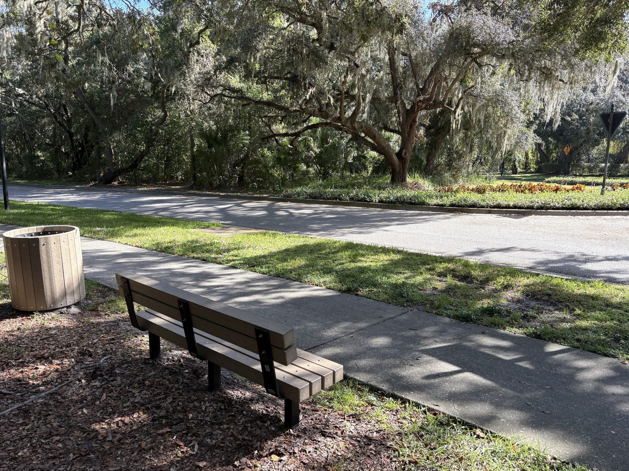 The wooden bench and a matching trash can under shady oaks next to the path.