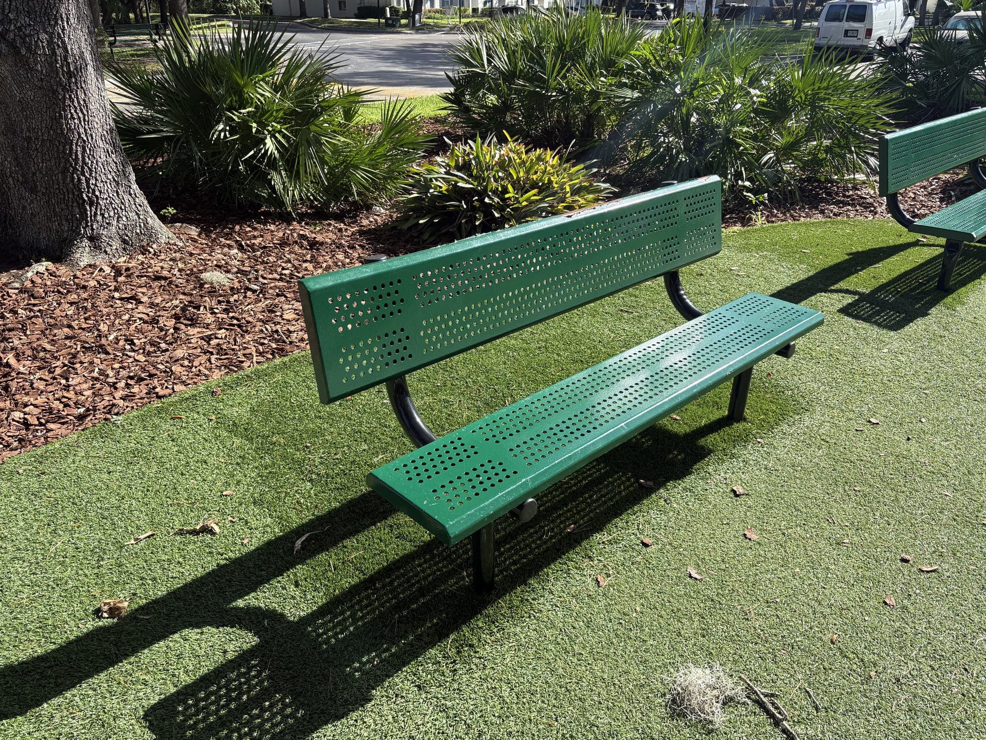 One of the two green benches on turf, with palms and shrubs behind it.