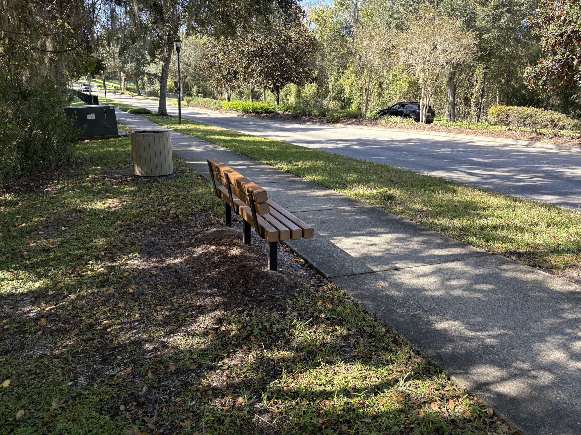 The bench beside the sidewalk under oak trees, with a trash can and a green utility box behind it.