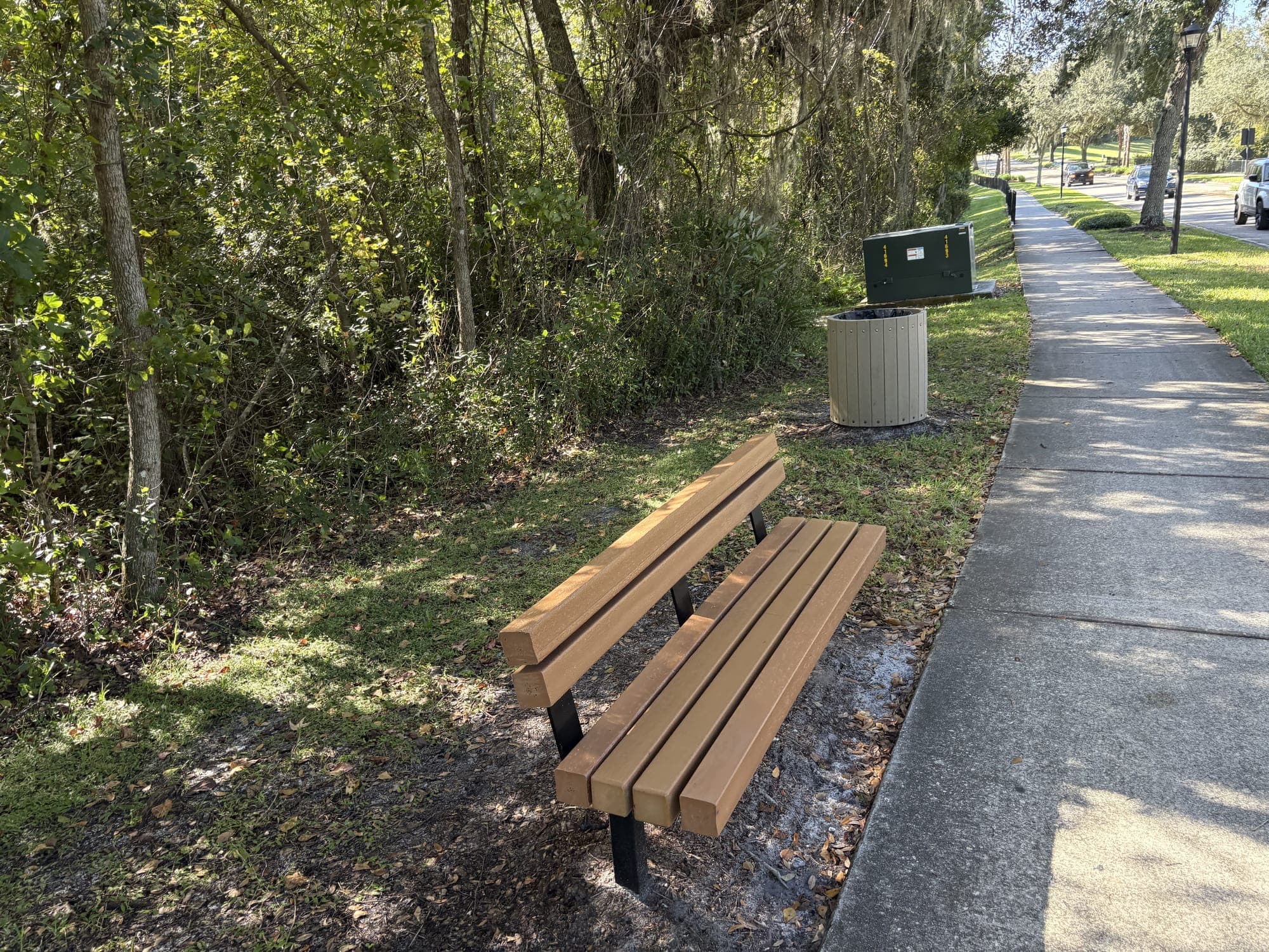 The bench from the side, under hanging Spanish moss, with the sidewalk and a trash can behind it.