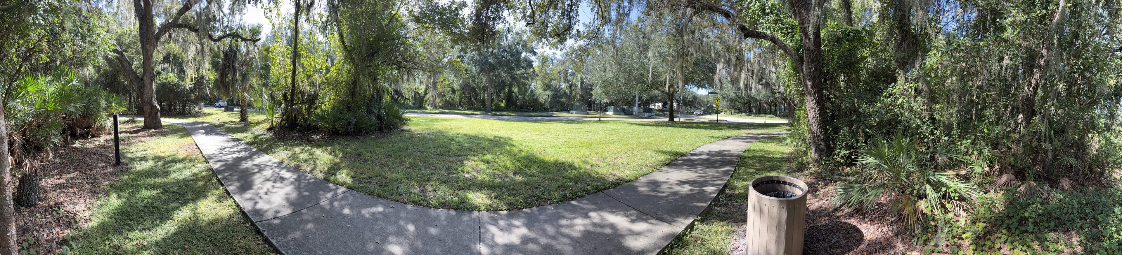 Panorama around the bench: the path curving through a shaded lawn, a trash can, and palmettos on the right.