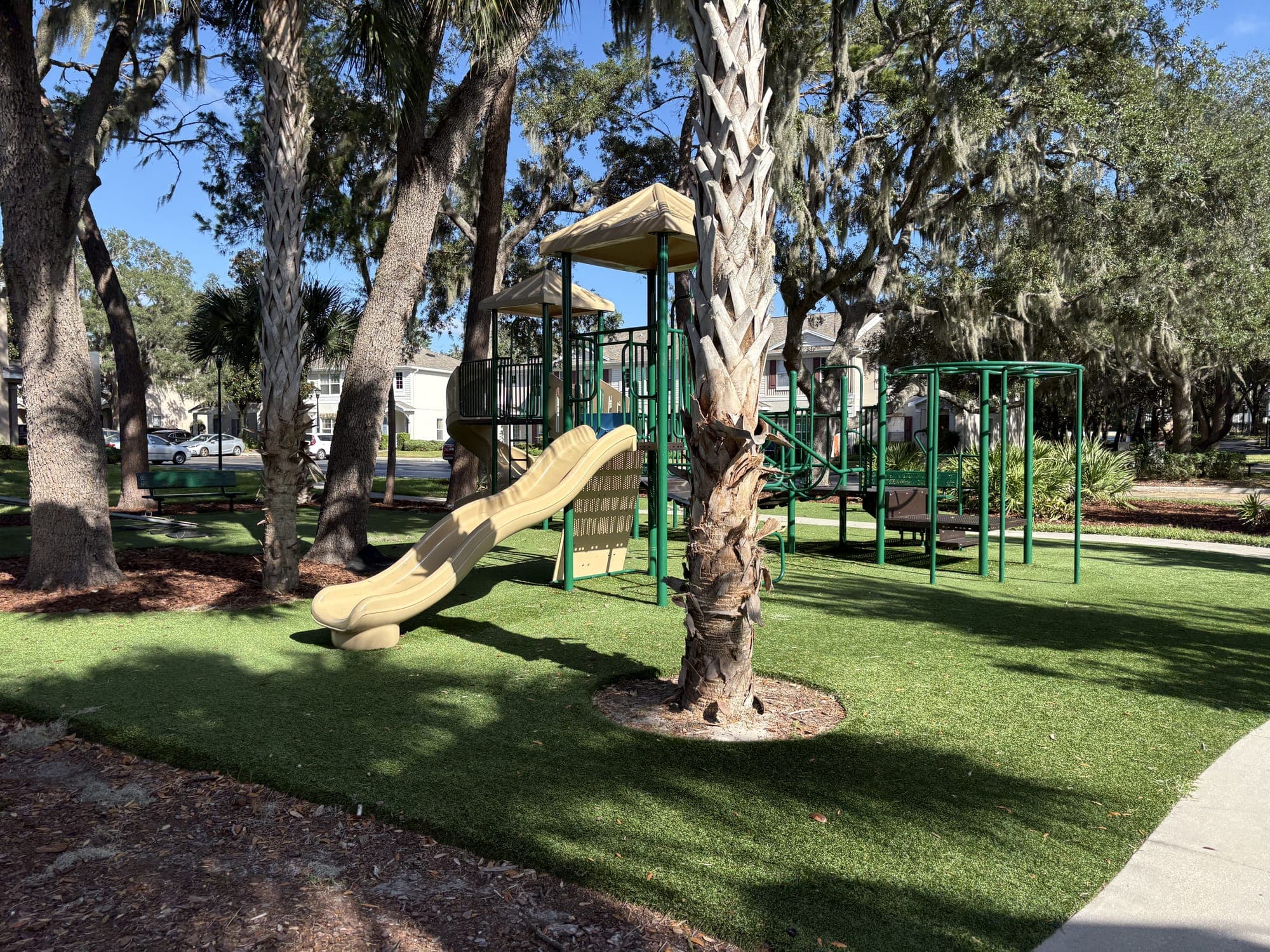 The playground: slides and climbing towers on green turf under palms and oaks.